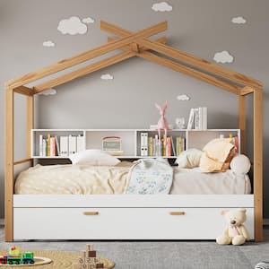 White Twin Size Wood House Bed with Twin Size Trundle and Storage Bookshelf