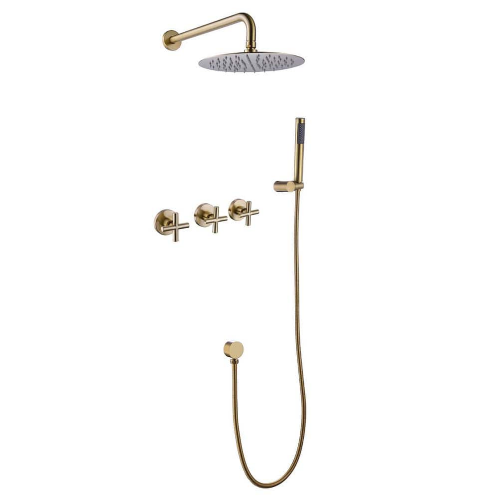 9.84 in. Triple-Handle 1-Spray Wall Mount Shower Faucet 1.8 GPM with Ceramic Disc Valve and Hand Shower in Brushed Gold price history on PriceWatchPro