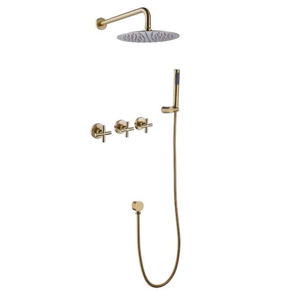FLG 9.84 in. Triple-Handle 1-Spray Wall Mount Shower Faucet 1.8 GPM with Ceramic Disc Valve and Hand Shower in Brushed Gold