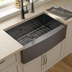 36 in. Gunmetal Black Single Bowl Farmhouse 16-Gauge Stainless Steel Apron-Front Kitchen Sink with Bottom Grid