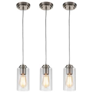 1-Light Satin Nickel Island Pendant Light with Cylinder Clear Glass(3-Pack)