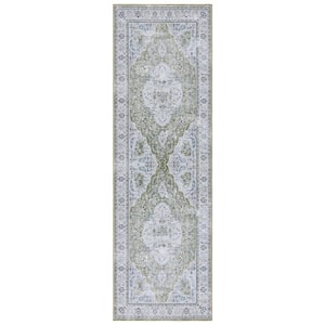 Tucson Green/Beige 3 ft. x 8 ft. Machine Washable Floral Border Runner Rug