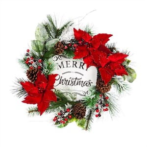24 in. Artificial Merry Christmas Wreath with Red Poinsettias, Berries and Pinecones