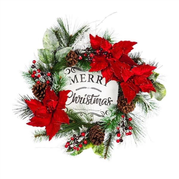 Evergreen 24 in. Artificial Merry Christmas Wreath with Red Poinsettias, Berries and Pinecones