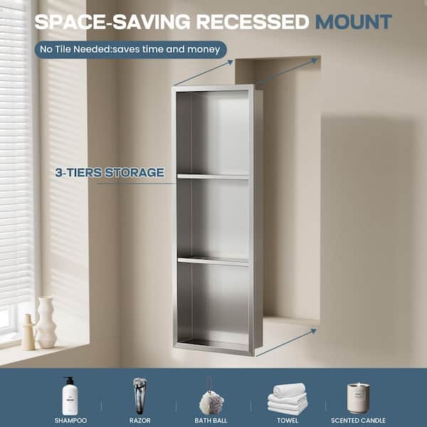 12 in. W x 36 in. H x 4 in. D Waterproof Recessed Shower Niche Storage Shelf in Brushed Nickel, No Tile Needed