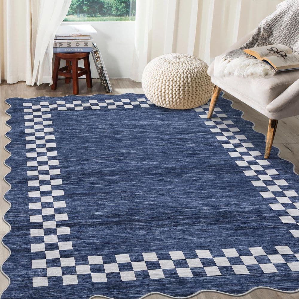 Printable Blue Rug Blue 9 ft. x 12 ft. Non-Slip Block Print Rug Machine Washable Ultra ...