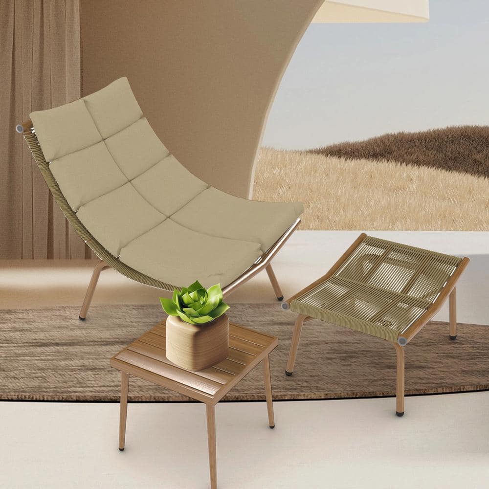 Wood-Color Metal Outdoor Lounge Chair with Brown Cushions and Table
