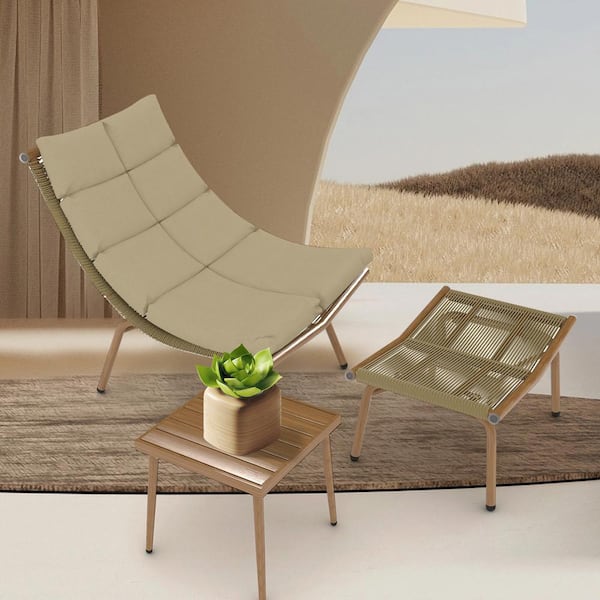 Unbranded Wood-Color Metal Outdoor Lounge Chair with Brown Cushions and Table