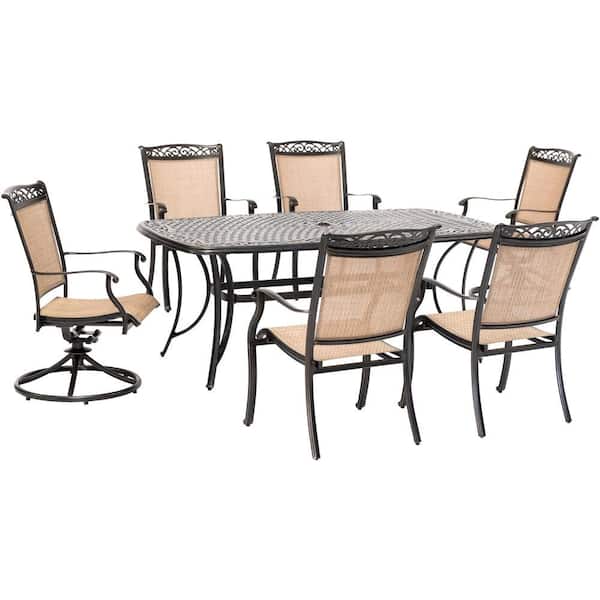 Hanover Fontana 7-Piece Aluminum Outdoor Dining Set with 2 Sling Swivel Rockers, 4 Sling Chairs and Cast-Top Table
