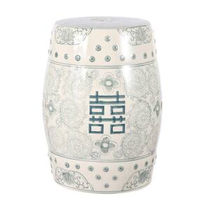Double Happiness 18 in. Chinoiserie Ceramic Drum Garden Stool, Gray Blue/White