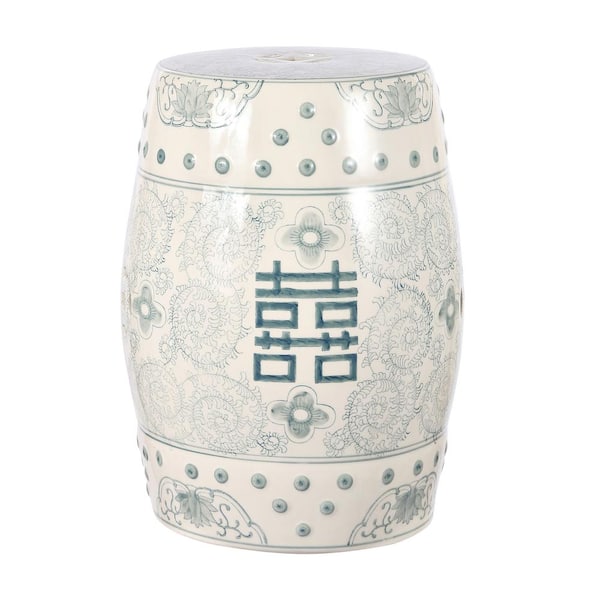 Double Happiness 18 in. Chinoiserie Ceramic Drum Garden Stool, Gray Blue/White
