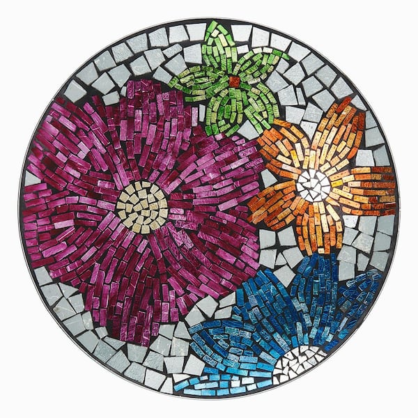24 in. Tall Outdoor Floral Glass Birdbath Bowl with Metal Stand, Multicolor