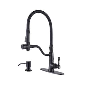 Single-Handle High-Arc  Pull Down Sprayer Kitchen Faucet with Soap Dispenser in Solid Brass in Matte Black