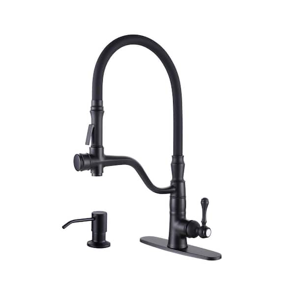 WOWOW Single-Handle High-Arc Pull Down Sprayer Kitchen Faucet with Soap Dispenser in Solid Brass in Matte Black