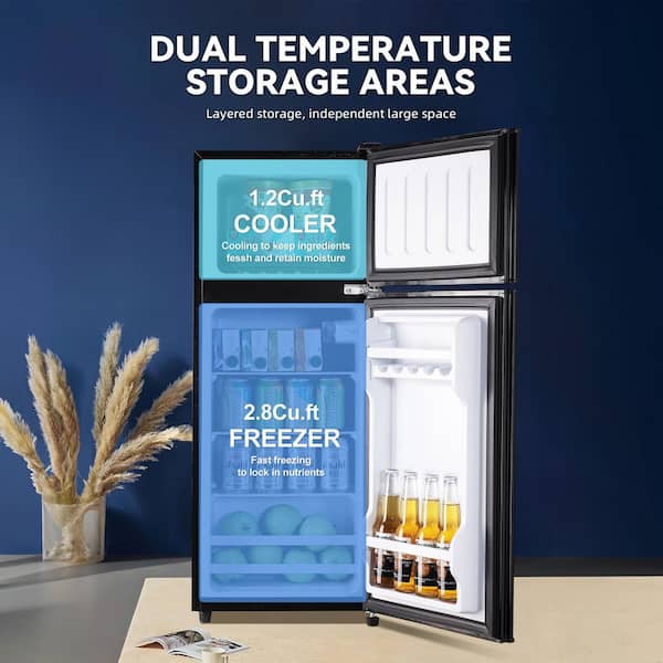 4 cu. ft. Compact Mini Refrigerator with 1.2 cu. ft. Top Door Freezer in Black, 7-Level Temp Adjustable, Low Noise