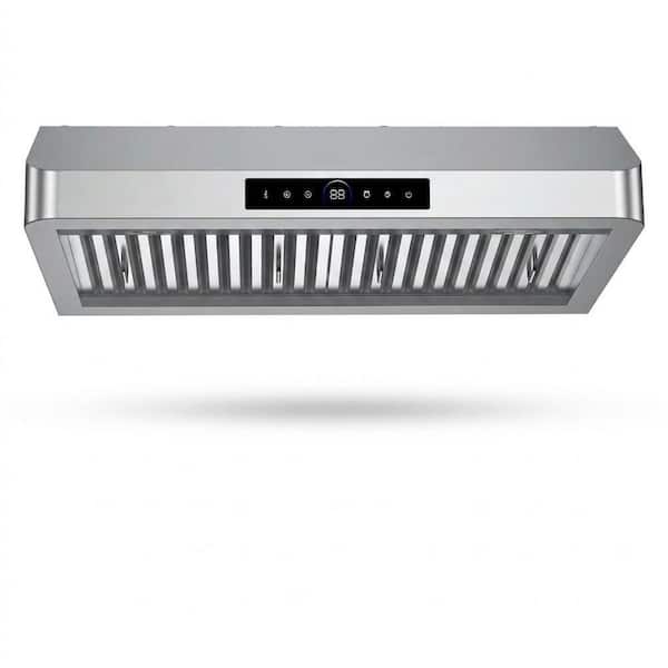 30-inch 1200 CFM Under Cabinet Stainless Steel Range Hood with 4-Speed Settings, LED Lighting, and Built-in Oil Cup.