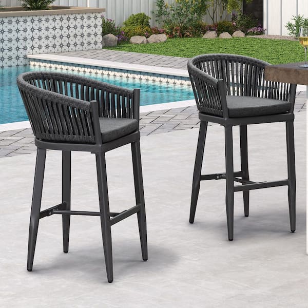 Modern Aluminum PE Rattan Bar Height Outdoor Bar Stool with Back and Grey Cushion (2-Pack)