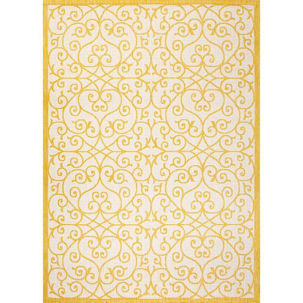 Madrid Vintage Filigree Textured Weave Cream/Yellow 9 ft. x 12 ft. Indoor/Outdoor Area Rug