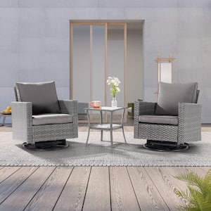 3-Piece Gray Wicker Patio Bistro Set Swivel Rocking Chairs with Side Table, Gray