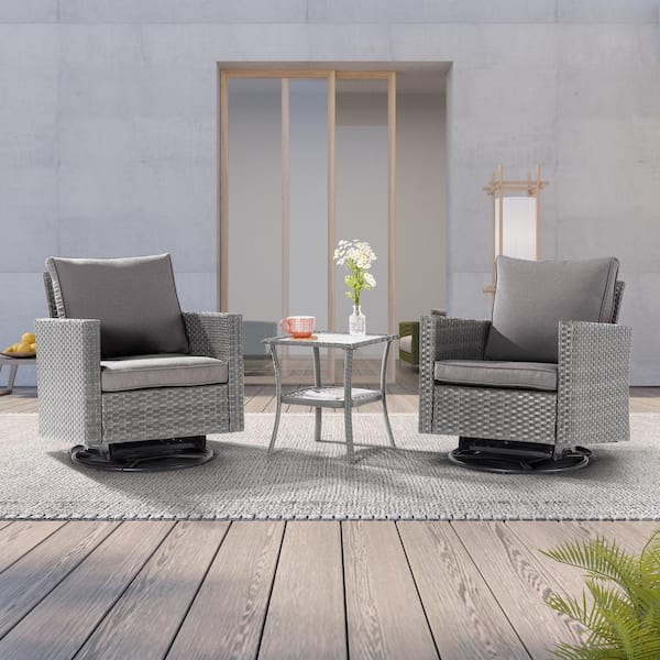 JOYESERY 3-Piece Gray Wicker Patio Bistro Set Swivel Rocking Chairs with Side Table, Gray