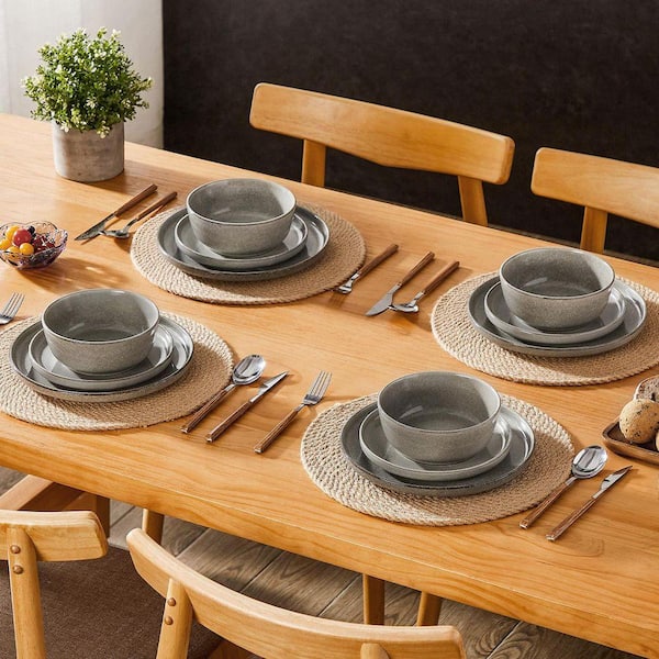 12-Piece Brown Stoneware Dinnerware Set Service for 4-Bowls and Plates Set Dinner Plates Dessert Plates and Cereal Bowls