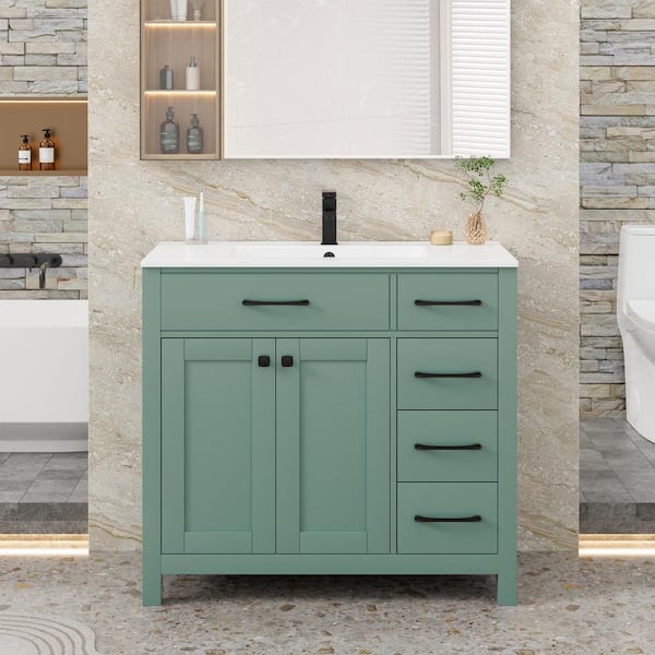 eclife 36 in. W x 19 in. D x 34 in. H 1-Sink Freestanding Bath Vanity in Green with White Ceramic Top and Drain Faucet Set