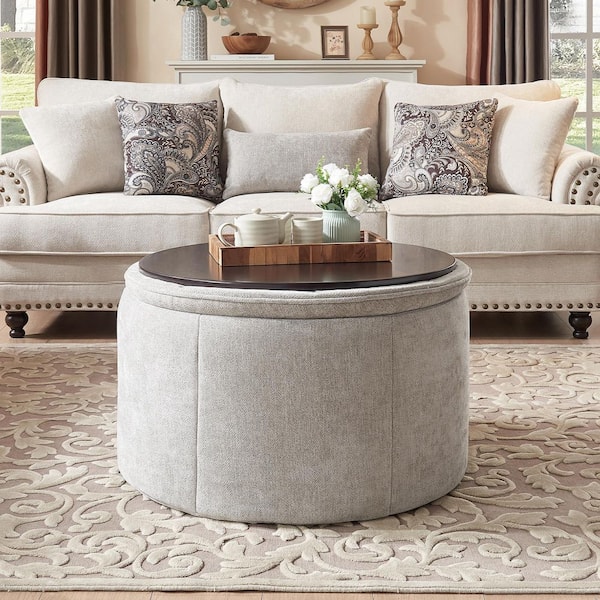 32.5 in. Coffee Table Reversible Tray Top Gray Chenille Upholstered Round Medium Storage Ottoman for Living Room Bedroom
