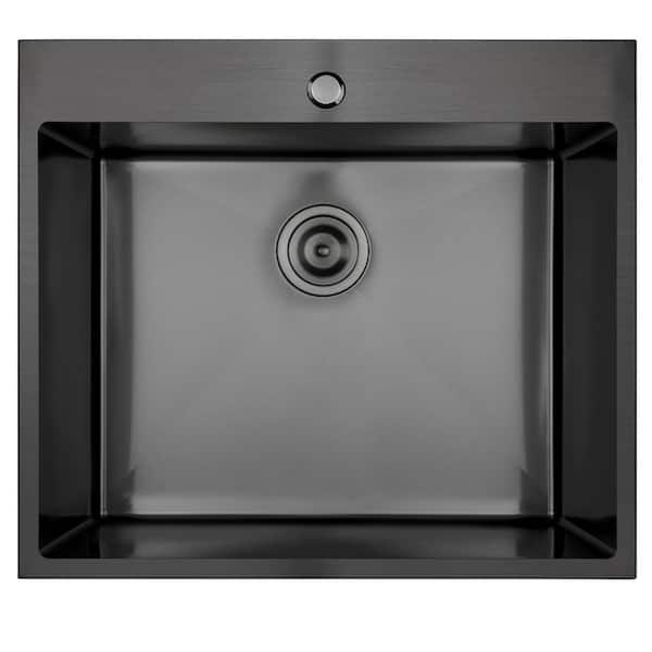 All-in-One Matte Black Finished Stainless Steel 25 in. x 22 in. Drop-In Single Bowl Kitchen Sink with Pull-Down Faucet