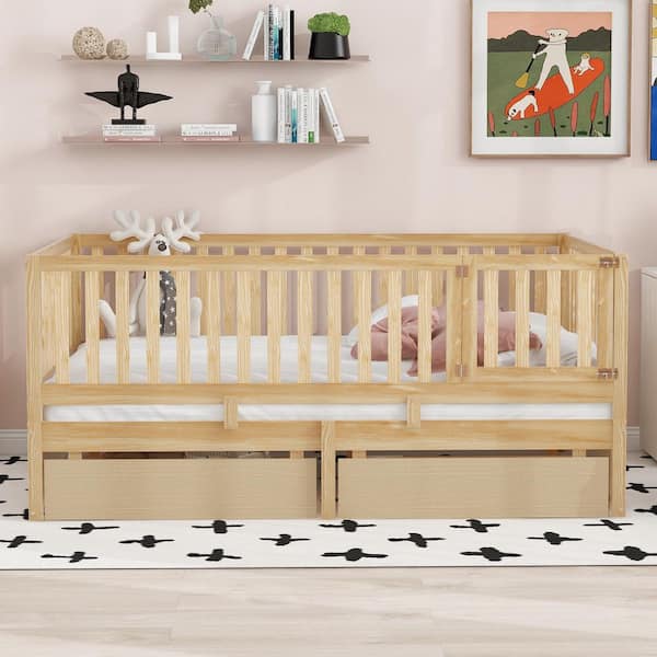 Natural Full Daybed with Fence Guardrails and 2 Drawers