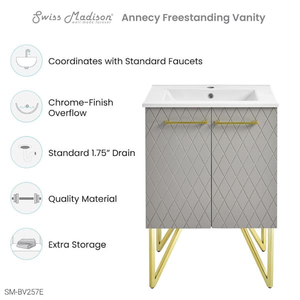 Annecy 24 in. W Bath Vanity in Diamond Grey with Ceramic Vanity Top in Glossy White with White Basin