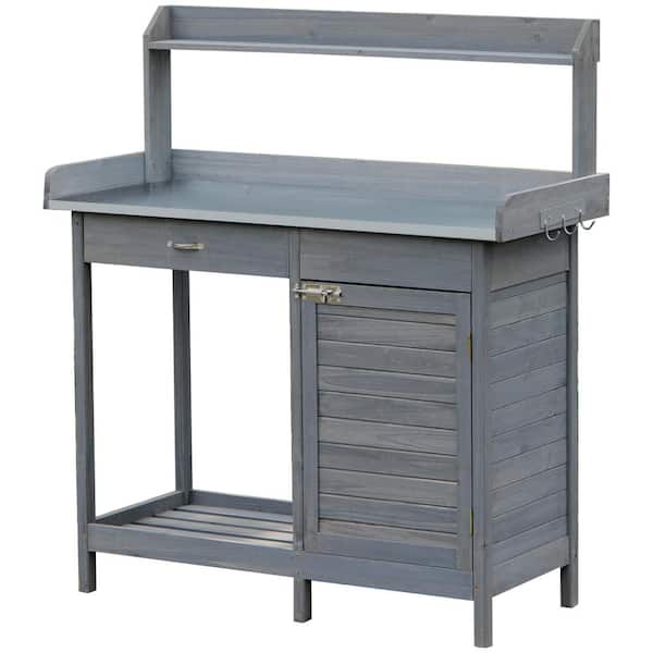 Unbranded 44 in. W x 49 in. H Gray Outdoor Potting Bench Table with Open Shelf and Steel Tabletop