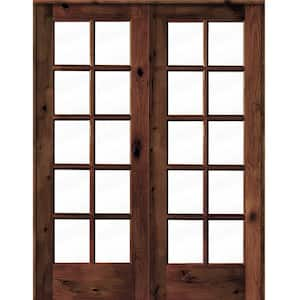 60 in. x 80 in. Knotty Alder Universal/Reversible 10-Lite Clear Glass Red Mahogany Stain Wood Double Prehung French Door