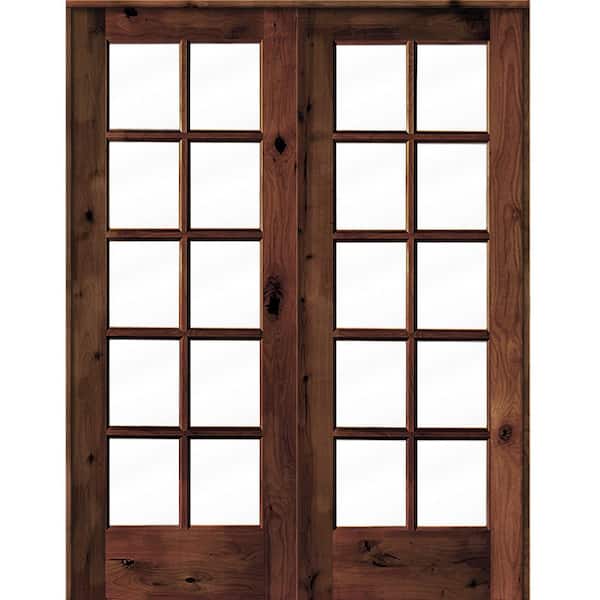 64 in. x 80 in. Knotty Alder Universal/Reversible 10-Lite Clear Glass Red Mahogany Stain Wood Double Prehung French Door