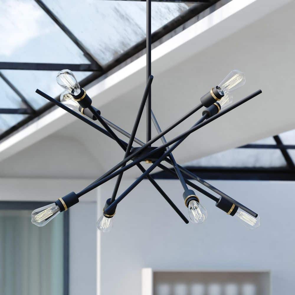 Halsted 8-Light 29.25 in. Wide Black and Satin Brass Gold Mid-Century Modern Sputnik Pendant Light, Ceiling Fixture price history on PriceWatchPro