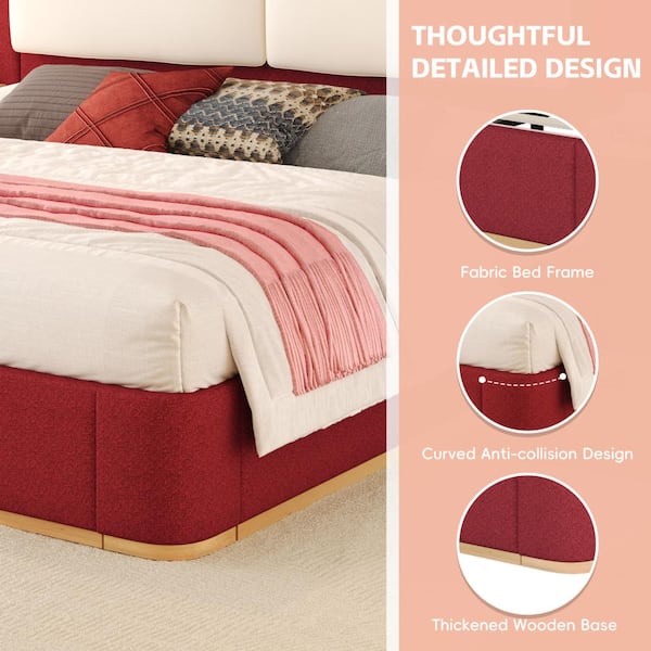 Nestfair Red Wood Frame Queen Size Upholstered Platform Bed with