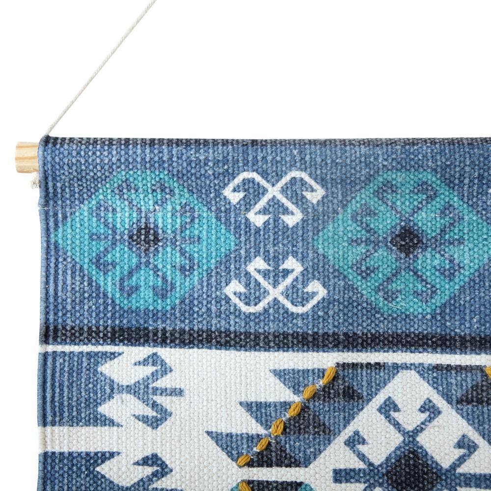 Blue and White Cotton Aztec Fringe Wall Hanging, 25.5"