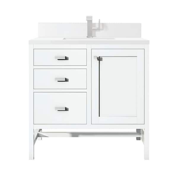 James Martin Vanities Addison 36.0 in. W x 23.5 in. D x 35.5 in. H Bathroom Vanity in Glossy White with White Zeus Silestone Quartz Top