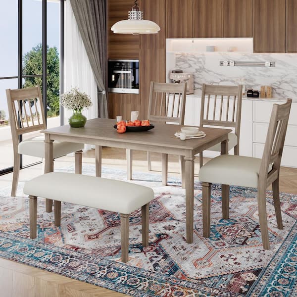 6-Piece Brown Retro Wooden Dining Set with Rectangular Table, 4 Upholstered Chairs, 1 Bench