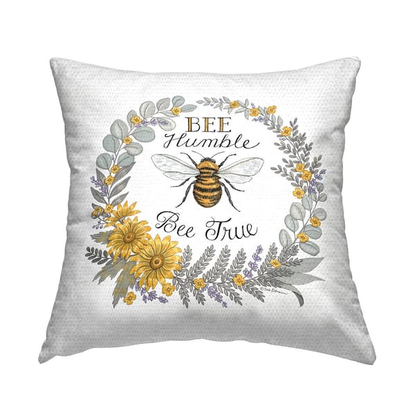 Bee Humble and True Insect Floral Wreath Yellow Square Outdoor Throw Pillow
