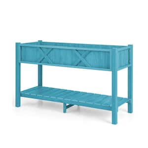 47 in. Poly Wood Indoor/Outdoor Elevated Planter Box with Legs Storage Shelf Drainage Holes-Blue