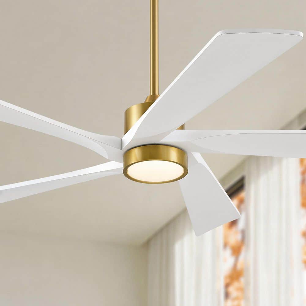 60 in. 5-Blade White Wood Brass Transitional Modern Downrod Mount Standard Ceiling Fan with Dimmable LED Light Remote price history on PriceWatchPro