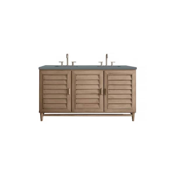 James Martin Vanities Portland 60.0 in. W x 23.5 in. D x 34.3 in. H Bathroom Vanity in Whitewashed Walnut with Cala Blue Quartz Top