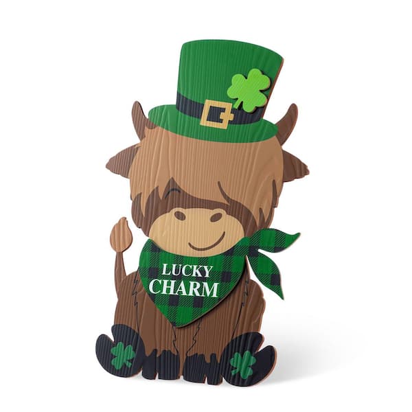 24 in. H St. Patrick's Wooden Highland Cow Porch Decor