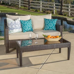 Antibes Multibrown 2-Piece Faux Rattan Outdoor Patio Conversation Set with Beige Cushions