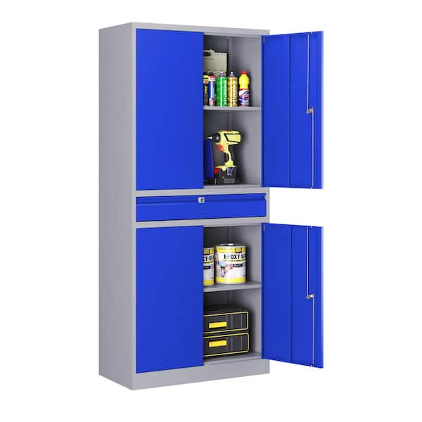 LISSIMO 31.50 in. W x 70.87 in. H x 15.75 in. D Grey and Blue Freestanding Cabinet Metal Cabinets with 1-drawer and 2-Shelves