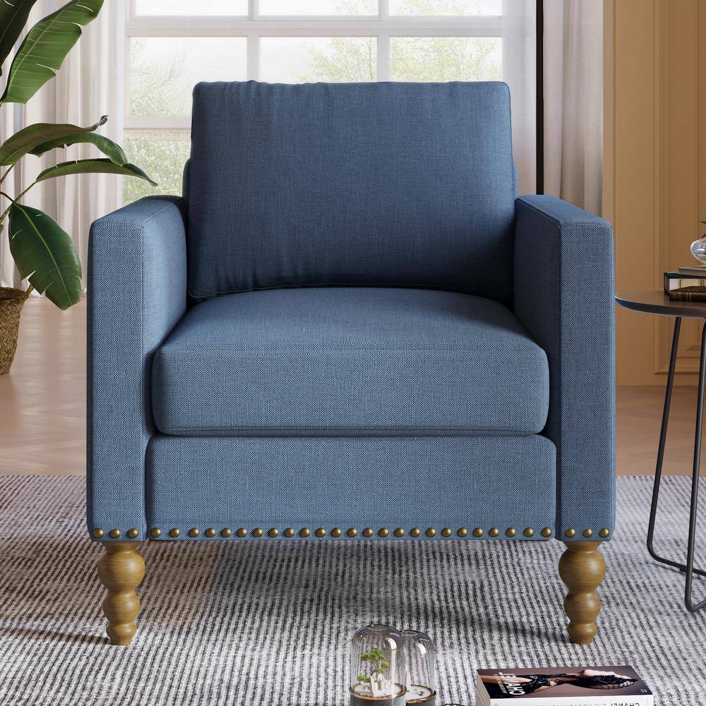 URTR Navy Blue Classic Linen Armchair Accent Chair with Bronze Nailhead Trim and Wooden Legs ...