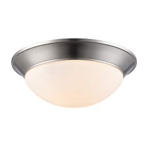 Bolton 14 in. 2-Light Brushed Nickel Flush Mount Ceiling Light Fixture with Frosted Glass Shade