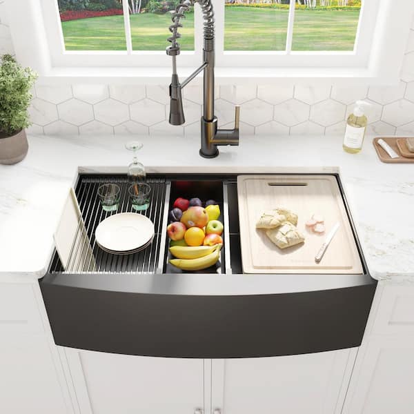 30 in. Farmhouse/Apron-Front Single Bowl 18 Gauge Gunmetal Black Stainless Steel Workstation Kitchen Sink