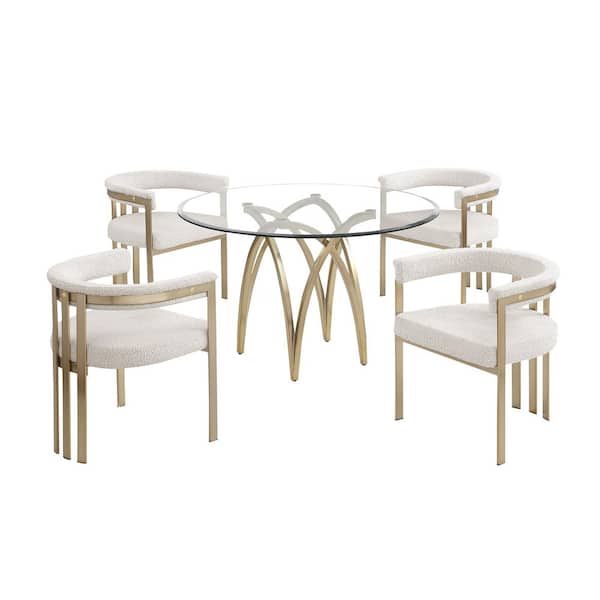 Best Quality Furniture Bayton 5-Piece Clear Tempered Glass Top Brushed Matte Gold Chrome-Plated Base Dining Set With 4 Cream Boucle Chairs