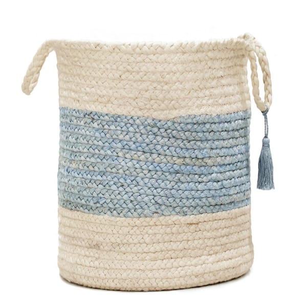 Unbranded Amara Bold Striped Off-White / Spa Blue 19 in. Jute Decorative Storage Basket with Handles